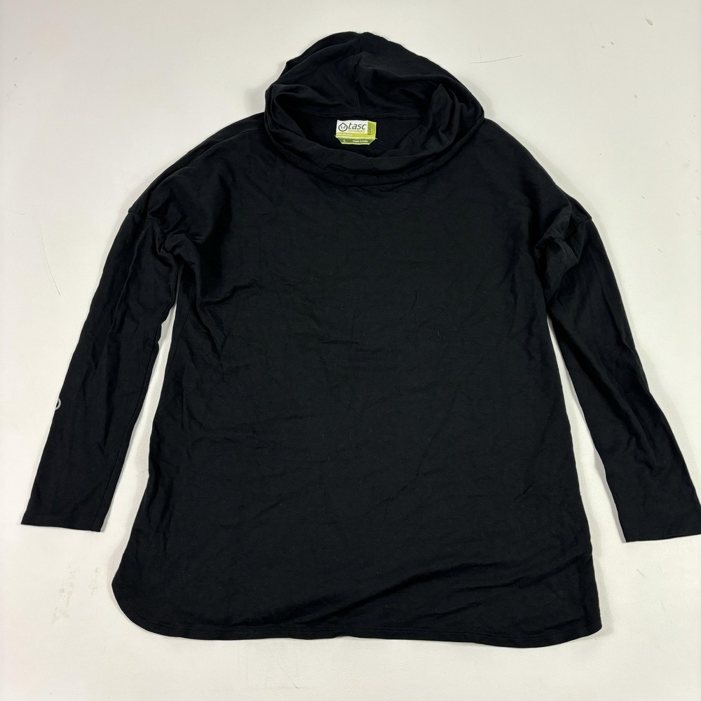 Tasc Performance Hoodie Womens Large Black Cowl Neck Bamboo Tunic Top Jersey